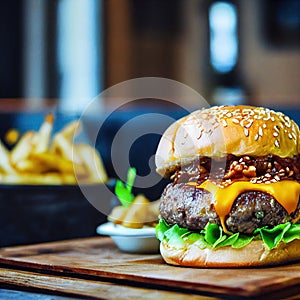 Hamburger with french fries, fast food meal