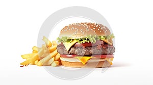 Hamburger and french fries isolated on white. Generative AI