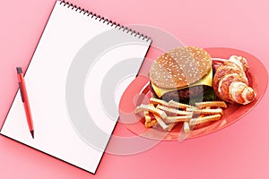 Hamburger with french fries in the plate and clipboard on pink
