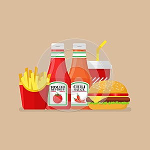 Hamburger french fries and soda with tomato and spicy sauce