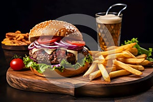 a hamburger and french fries on a wooden board with a drink