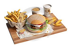 Hamburger with French fries on wooden plate