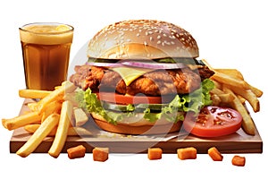 Hamburger with French fries on wooden plate, delivery foods