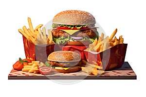 Hamburger with French fries on wooden plate, delivery foods