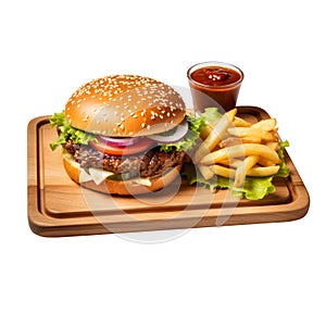 Hamburger with French fries on wooden plate,