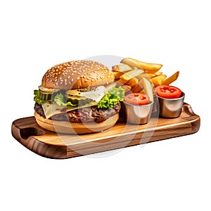 Hamburger with French fries on wooden plate