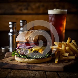 Hamburger fries and beer on a rustic wooden table