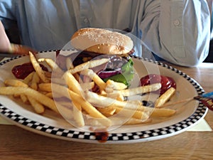 Hamburger and fries at diner