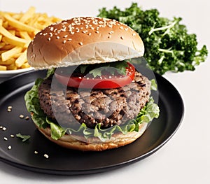 A hamburger, fries, and a drink on a black plate.