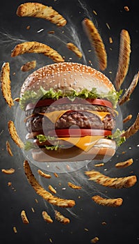 Hamburger with fries falling out of it, spinning in a whirlwind motion