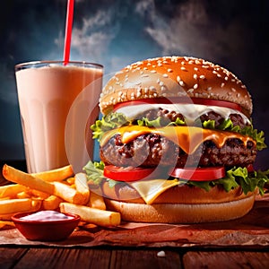 Hamburger and fries, fast food meal, with milkshake