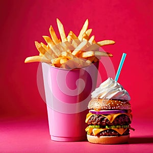 Hamburger and fries, fast food meal, with milkshake