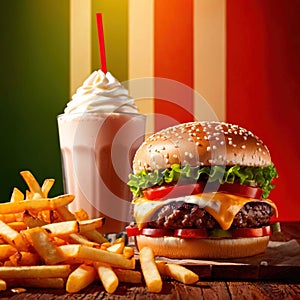 Hamburger and fries, fast food meal, with milkshake