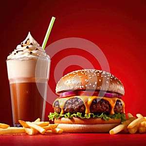 Hamburger and fries, fast food meal, with milkshake