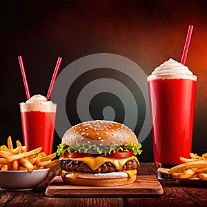 Hamburger and fries, fast food meal, with milkshake