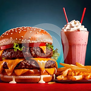 Hamburger and fries, fast food meal, with milkshake