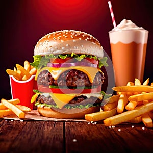 Hamburger and fries, fast food meal, with milkshake