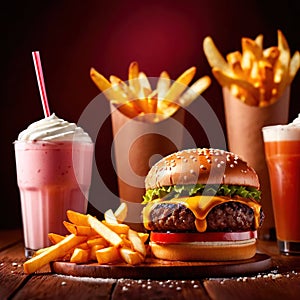 Hamburger and fries, fast food meal, with milkshake