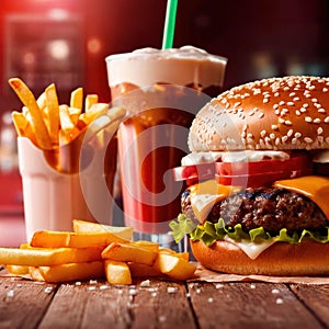 Hamburger and fries, fast food meal, with milkshake