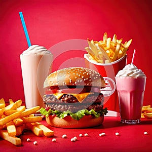 Hamburger and fries, fast food meal, with milkshake