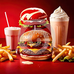 Hamburger and fries, fast food meal, with milkshake