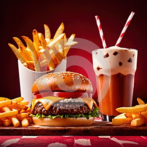 Hamburger and fries, fast food meal, with milkshake