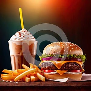 Hamburger and fries, fast food meal, with milkshake