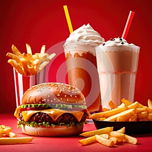 Hamburger and fries, fast food meal, with milkshake