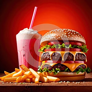 Hamburger and fries, fast food meal, with milkshake