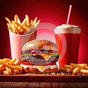 Hamburger and fries, fast food meal, with milkshake