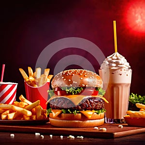 Hamburger and fries, fast food meal, with milkshake