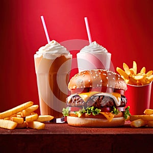 Hamburger and fries, fast food meal, with milkshake