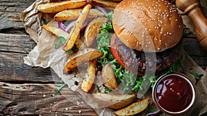 Hamburger, Fries, and Ketchup on Wooden Table