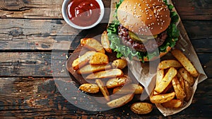 Hamburger, Fries, and Ketchup on Wooden Table