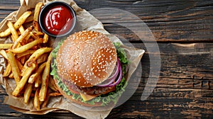 Hamburger, Fries, and Ketchup on Wooden Table
