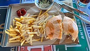 Hamburger and Fries lunch at a restaurant on a cruise ship