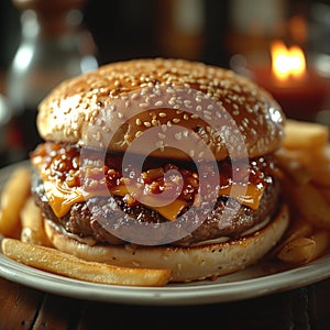 hamburger with fries in a plate