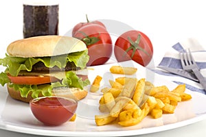 A hamburger with fries on a white plate