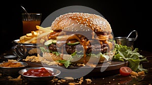 hamburger generously layered with dripping cheese, paired perfectly with crispy fries and flavorful meat. As you enjoy