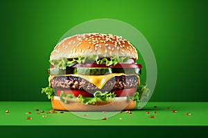 Hamburger on a green background. 3D Rendering