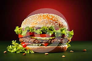 Hamburger on a green background. 3D Rendering
