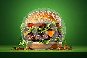 Hamburger on a green background. 3D Rendering