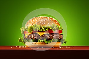 Hamburger on a green background. 3D Rendering