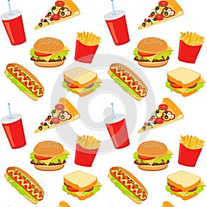 Hamburger, hot dog, cola drink. Takeaway food. Fast food background. Seamless pattern. Raster Illustration