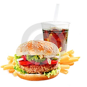 Hamburger with iced soda drink photo