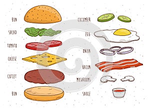 Hamburger ingredients separately. Bun, salad, tomato, cheese, cutlet, egg, bacon, mushrooms, onion, ketchup. Colorful photo