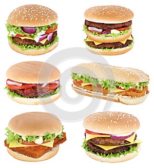 Hamburger isolated collection set cheeseburger tomatoes lettuce