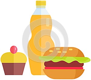Hamburger with lemonade and cake. Products for design fastfood menu. Burger, fizzy drink and cupcake