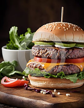 A hamburger and lettuce bowl on a cutting board, staple fast food