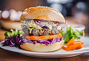 Hamburger with Lettuce and carrot served on table against light background